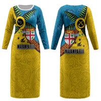Malampa Fiji Day Couples Matching Long Sleeve Bodycon Dress and Long Sleeve Button Shirt Tapa and Melanesian Patterns with Coat of Arms