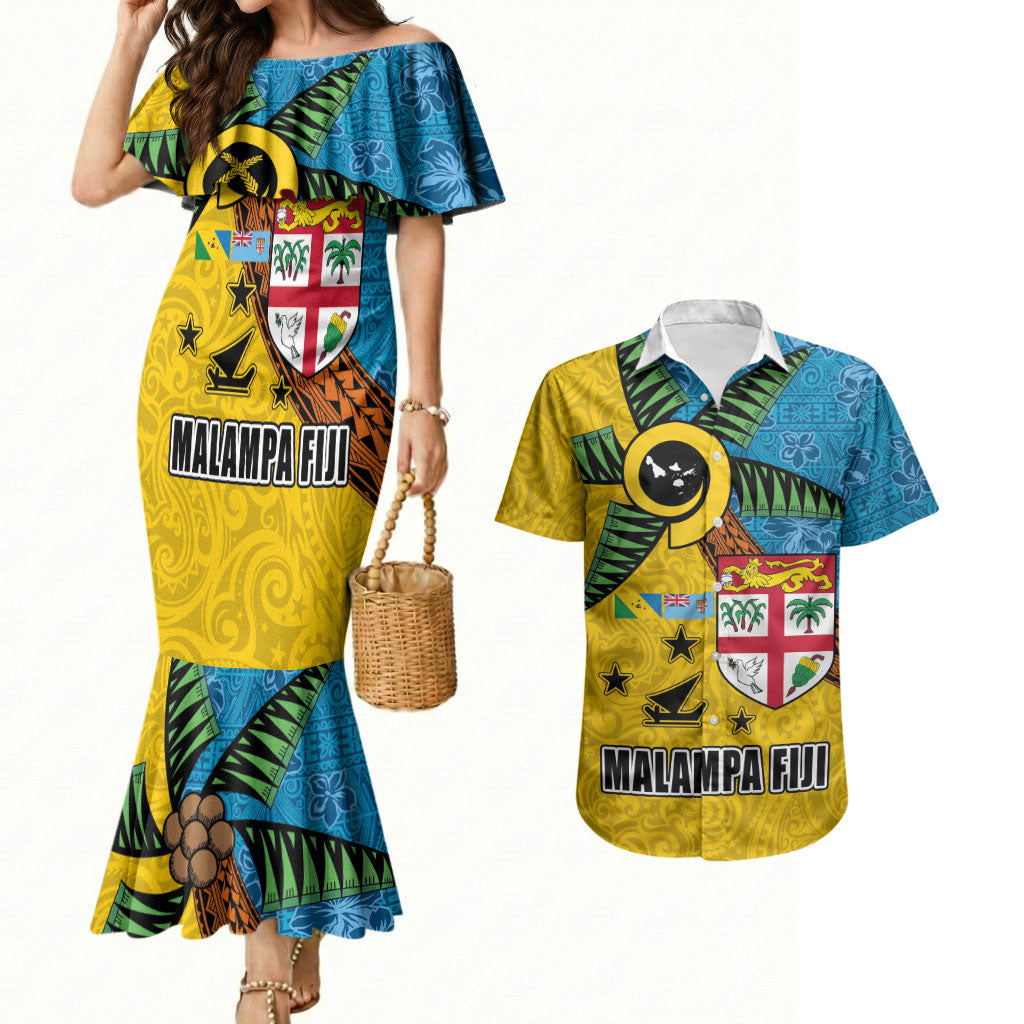 Malampa Fiji Day Couples Matching Mermaid Dress and Hawaiian Shirt Tapa and Melanesian Patterns with Coat of Arms