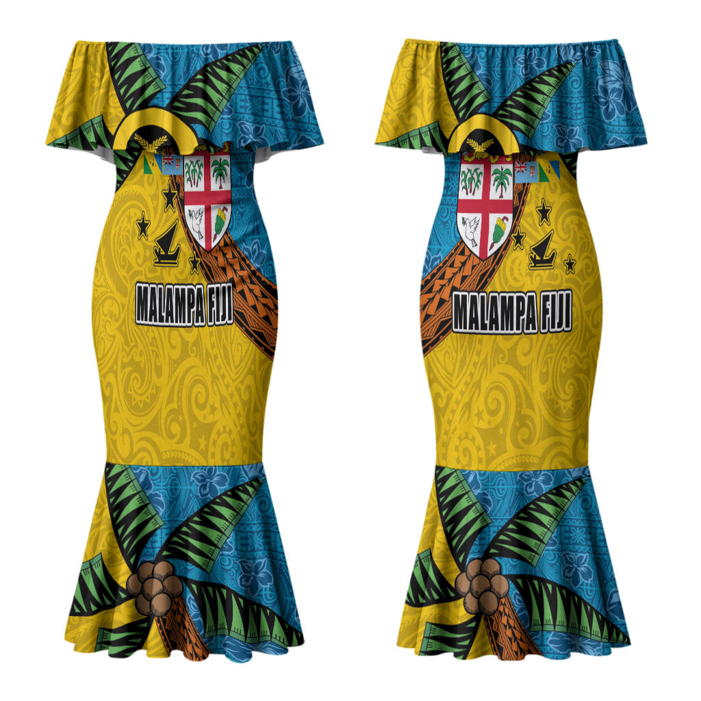 Malampa Fiji Day Couples Matching Mermaid Dress and Hawaiian Shirt Tapa and Melanesian Patterns with Coat of Arms