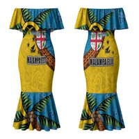 Malampa Fiji Day Couples Matching Mermaid Dress and Long Sleeve Button Shirt Tapa and Melanesian Patterns with Coat of Arms