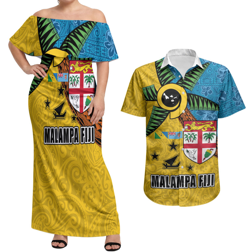 Malampa Fiji Day Couples Matching Off Shoulder Maxi Dress and Hawaiian Shirt Tapa and Melanesian Patterns with Coat of Arms