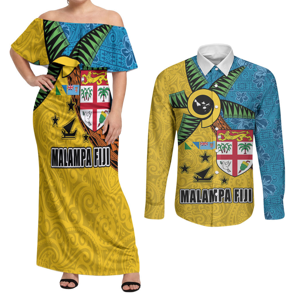 Malampa Fiji Day Couples Matching Off Shoulder Maxi Dress and Long Sleeve Button Shirt Tapa and Melanesian Patterns with Coat of Arms