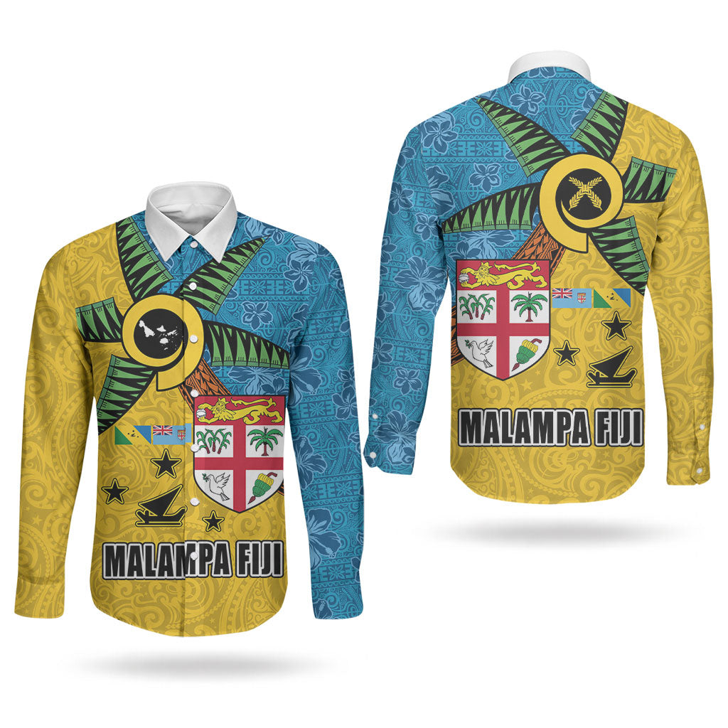 Malampa Fiji Day Couples Matching Off Shoulder Maxi Dress and Long Sleeve Button Shirt Tapa and Melanesian Patterns with Coat of Arms