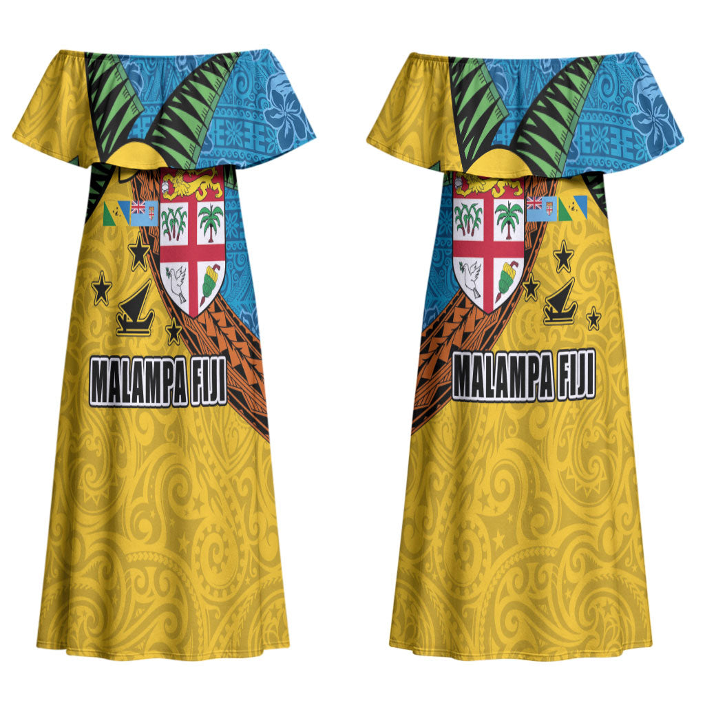Malampa Fiji Day Couples Matching Off Shoulder Maxi Dress and Long Sleeve Button Shirt Tapa and Melanesian Patterns with Coat of Arms
