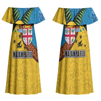 Malampa Fiji Day Couples Matching Off Shoulder Maxi Dress and Long Sleeve Button Shirt Tapa and Melanesian Patterns with Coat of Arms