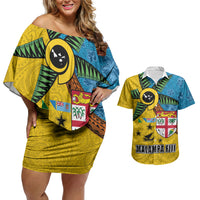 Malampa Fiji Day Couples Matching Off Shoulder Short Dress and Hawaiian Shirt Tapa and Melanesian Patterns with Coat of Arms
