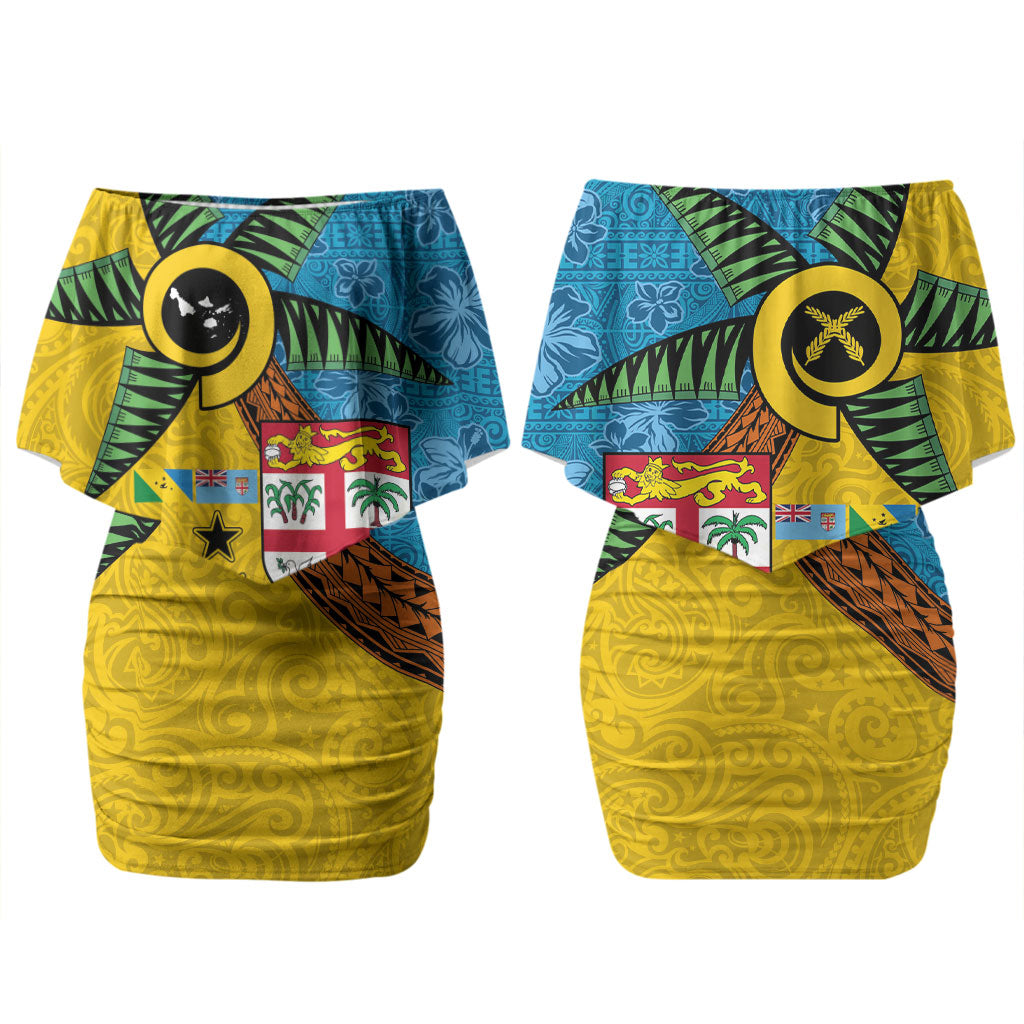 Malampa Fiji Day Couples Matching Off Shoulder Short Dress and Long Sleeve Button Shirt Tapa and Melanesian Patterns with Coat of Arms