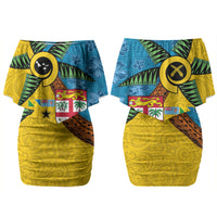 Malampa Fiji Day Couples Matching Off Shoulder Short Dress and Long Sleeve Button Shirt Tapa and Melanesian Patterns with Coat of Arms