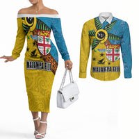 Malampa Fiji Day Couples Matching Off The Shoulder Long Sleeve Dress and Long Sleeve Button Shirt Tapa and Melanesian Patterns with Coat of Arms