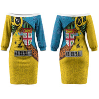 Malampa Fiji Day Couples Matching Off The Shoulder Long Sleeve Dress and Long Sleeve Button Shirt Tapa and Melanesian Patterns with Coat of Arms