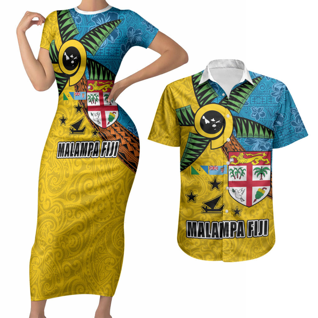 Malampa Fiji Day Couples Matching Short Sleeve Bodycon Dress and Hawaiian Shirt Tapa and Melanesian Patterns with Coat of Arms