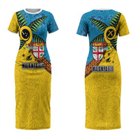 Malampa Fiji Day Couples Matching Short Sleeve Bodycon Dress and Hawaiian Shirt Tapa and Melanesian Patterns with Coat of Arms