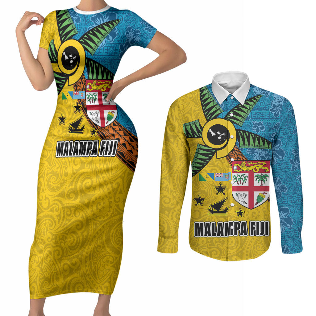 Malampa Fiji Day Couples Matching Short Sleeve Bodycon Dress and Long Sleeve Button Shirt Tapa and Melanesian Patterns with Coat of Arms