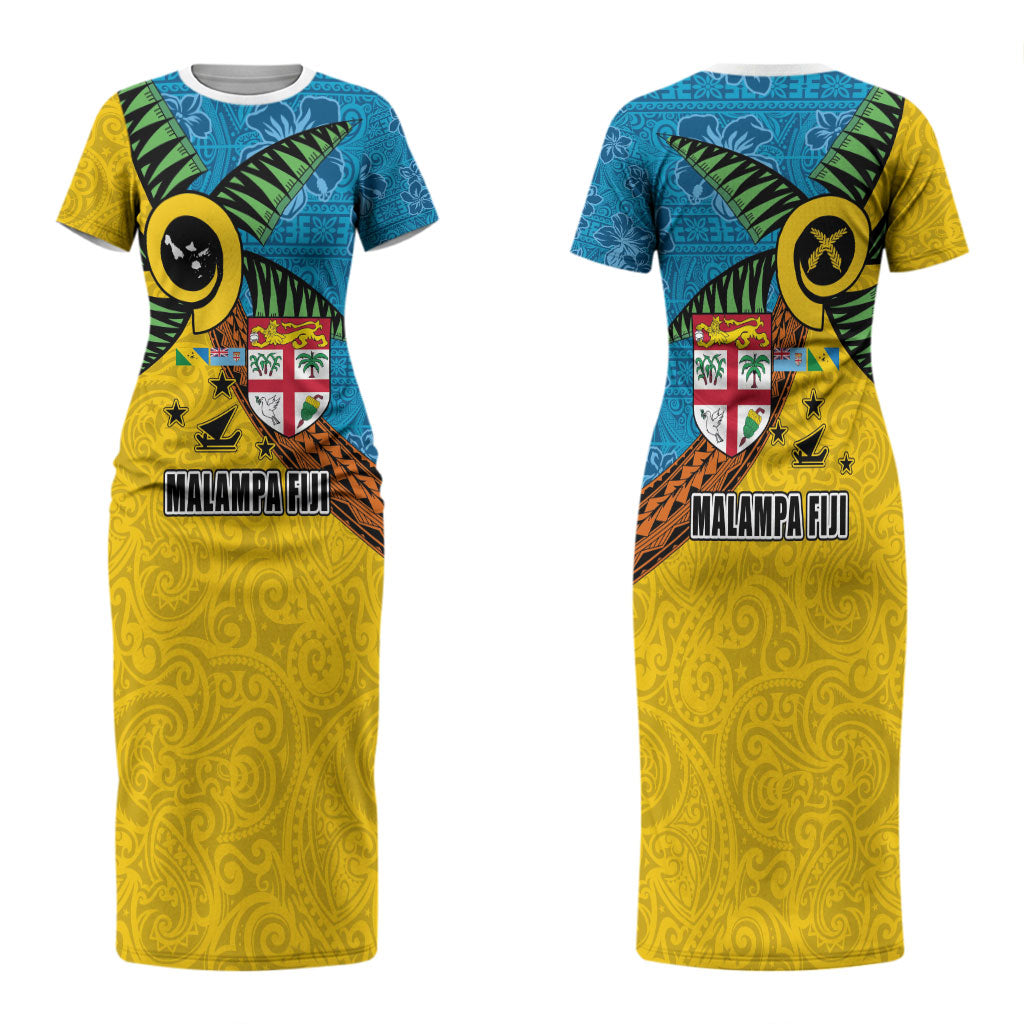 Malampa Fiji Day Couples Matching Short Sleeve Bodycon Dress and Long Sleeve Button Shirt Tapa and Melanesian Patterns with Coat of Arms