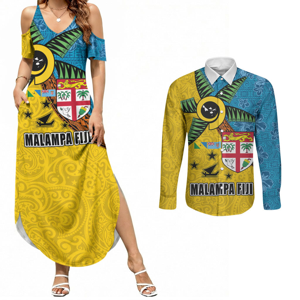 Malampa Fiji Day Couples Matching Summer Maxi Dress and Long Sleeve Button Shirt Tapa and Melanesian Patterns with Coat of Arms