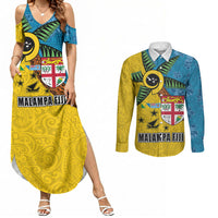 Malampa Fiji Day Couples Matching Summer Maxi Dress and Long Sleeve Button Shirt Tapa and Melanesian Patterns with Coat of Arms
