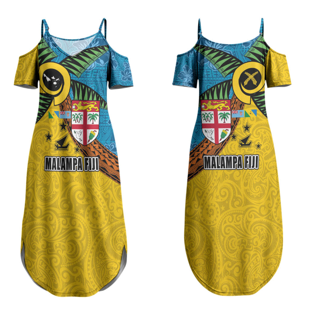 Malampa Fiji Day Couples Matching Summer Maxi Dress and Long Sleeve Button Shirt Tapa and Melanesian Patterns with Coat of Arms