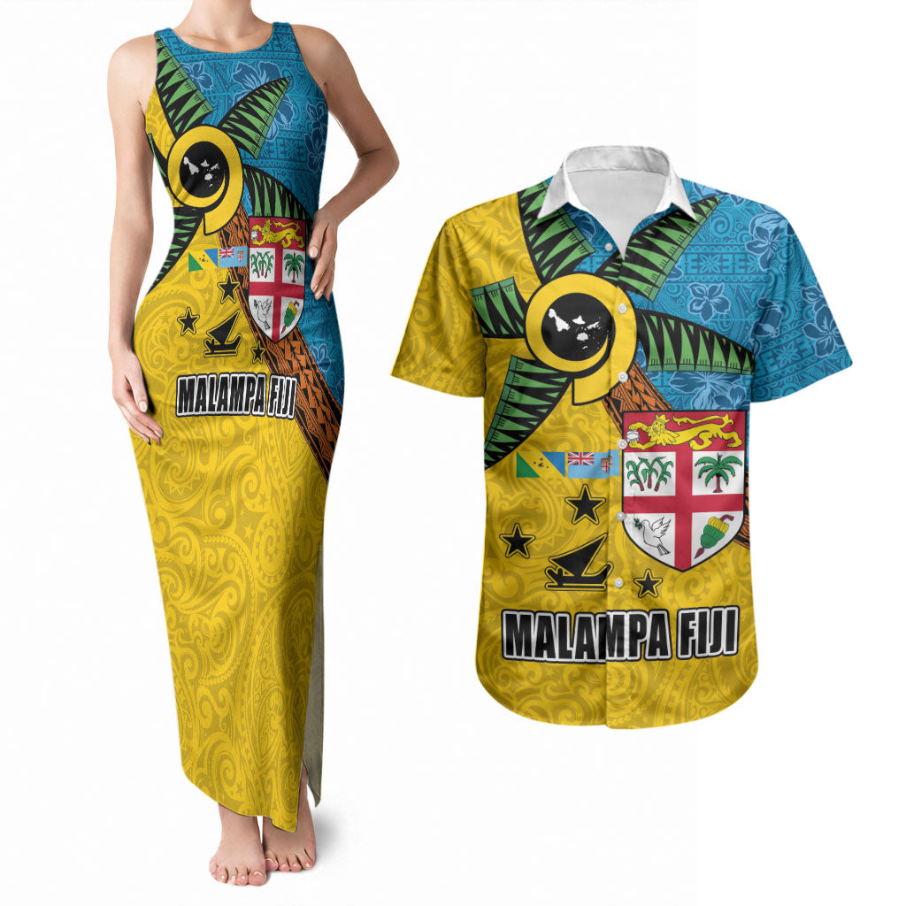 Malampa Fiji Day Couples Matching Tank Maxi Dress and Hawaiian Shirt Tapa and Melanesian Patterns with Coat of Arms