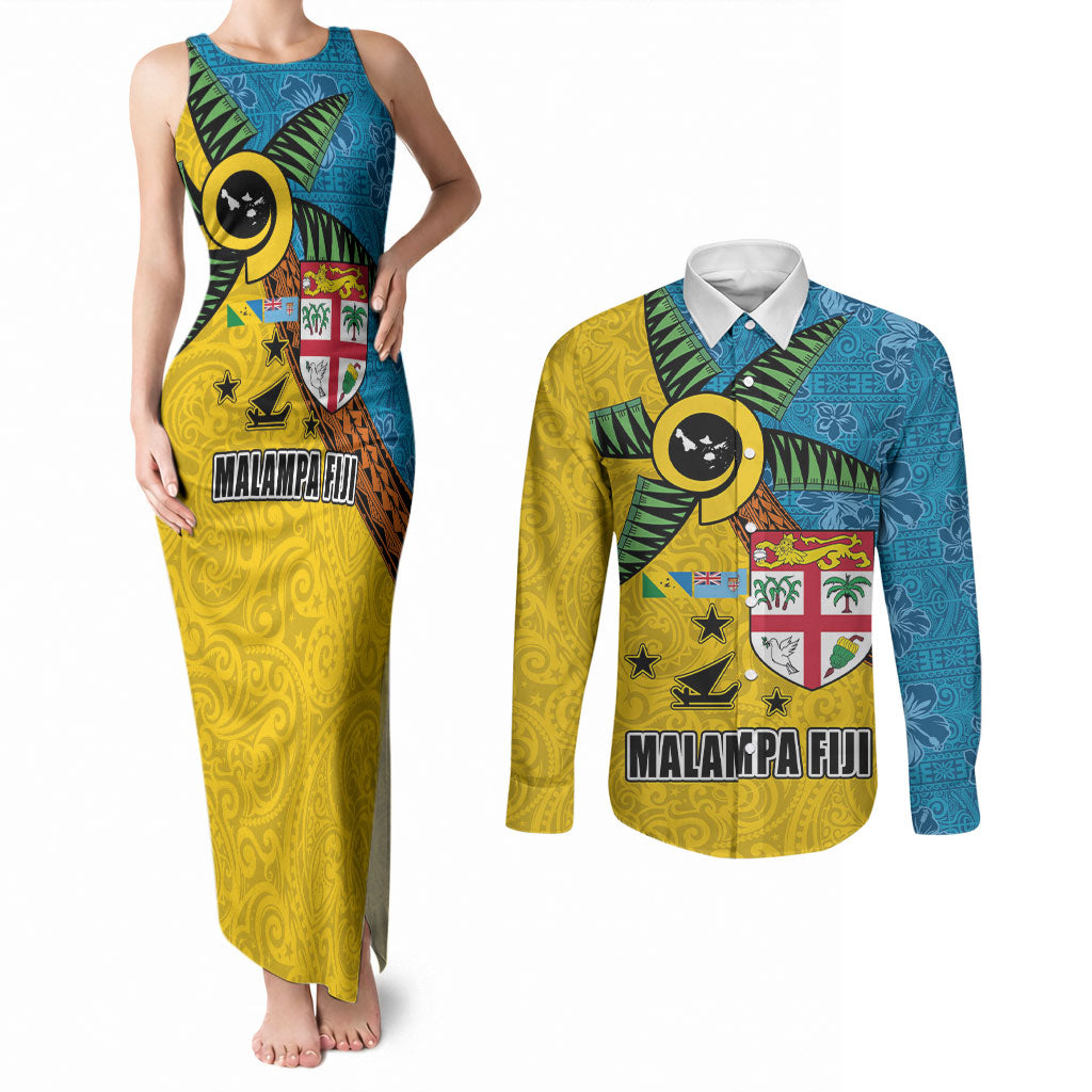 Malampa Fiji Day Couples Matching Tank Maxi Dress and Long Sleeve Button Shirt Tapa and Melanesian Patterns with Coat of Arms