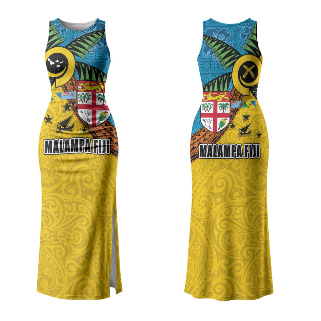 Malampa Fiji Day Couples Matching Tank Maxi Dress and Long Sleeve Button Shirt Tapa and Melanesian Patterns with Coat of Arms