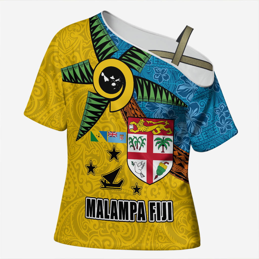 Malampa Fiji Day Cross Shoulder Shirt Tapa and Melanesian Patterns with Coat of Arms