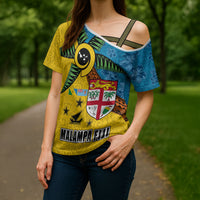 Malampa Fiji Day Cross Shoulder Shirt Tapa and Melanesian Patterns with Coat of Arms