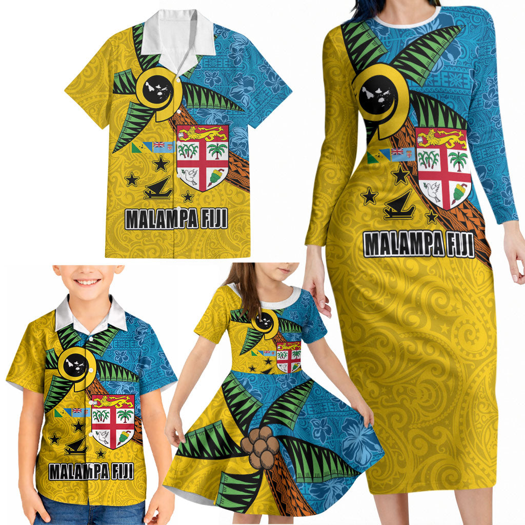 Malampa Fiji Day Family Matching Long Sleeve Bodycon Dress and Hawaiian Shirt Tapa and Melanesian Patterns with Coat of Arms