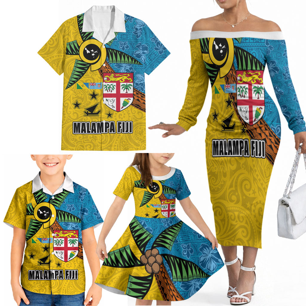 Malampa Fiji Day Family Matching Off The Shoulder Long Sleeve Dress and Hawaiian Shirt Tapa and Melanesian Patterns with Coat of Arms