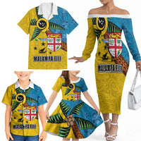Malampa Fiji Day Family Matching Off The Shoulder Long Sleeve Dress and Hawaiian Shirt Tapa and Melanesian Patterns with Coat of Arms