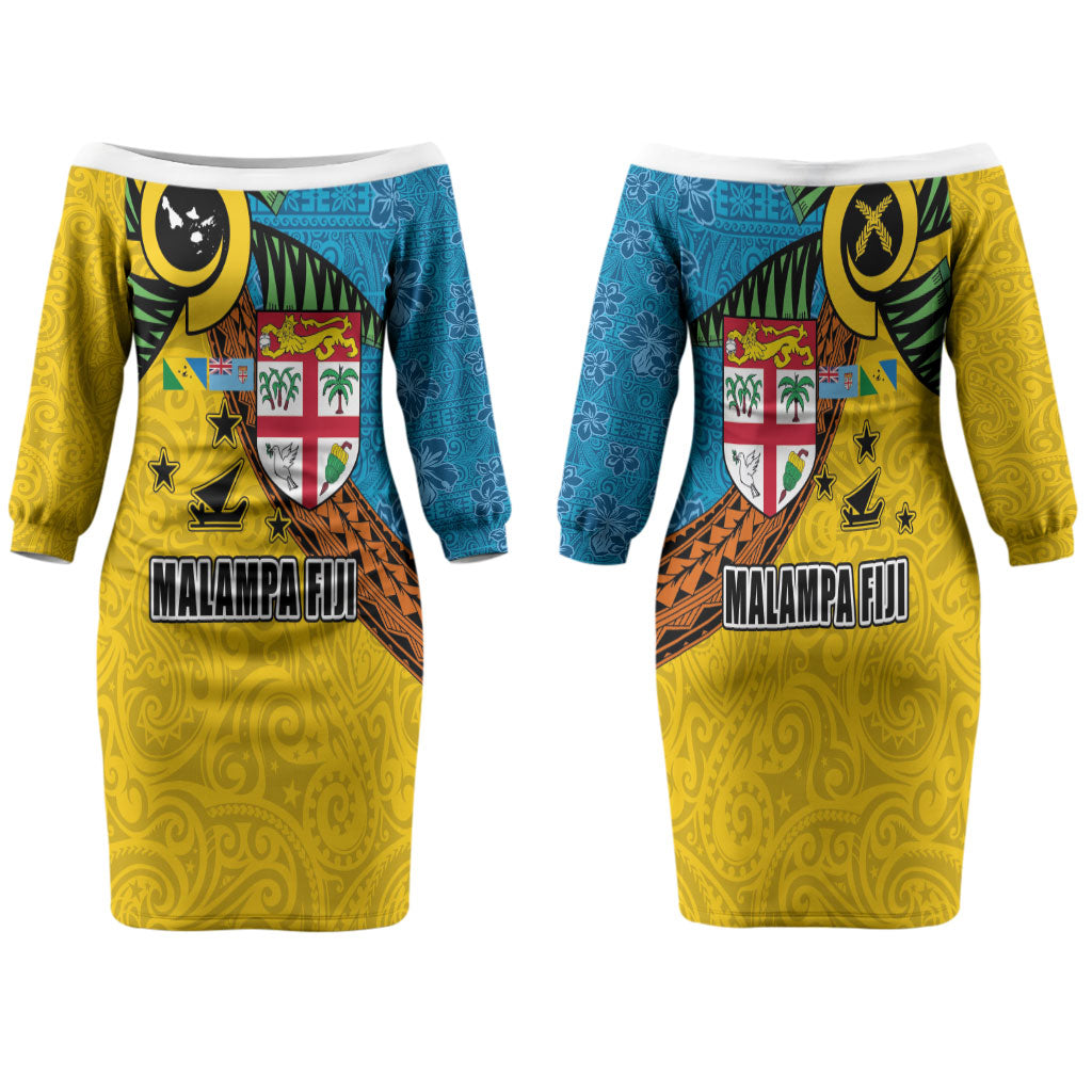 Malampa Fiji Day Family Matching Off The Shoulder Long Sleeve Dress and Hawaiian Shirt Tapa and Melanesian Patterns with Coat of Arms