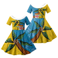 Malampa Fiji Day Family Matching Off The Shoulder Long Sleeve Dress and Hawaiian Shirt Tapa and Melanesian Patterns with Coat of Arms