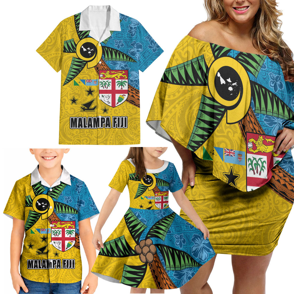 Malampa Fiji Day Family Matching Off Shoulder Short Dress and Hawaiian Shirt Tapa and Melanesian Patterns with Coat of Arms