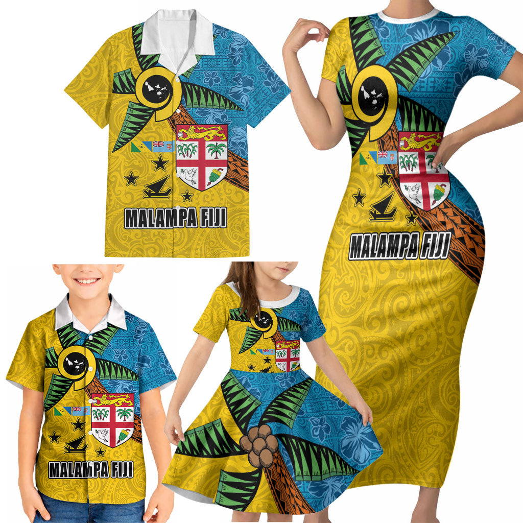 Malampa Fiji Day Family Matching Short Sleeve Bodycon Dress and Hawaiian Shirt Tapa and Melanesian Patterns with Coat of Arms