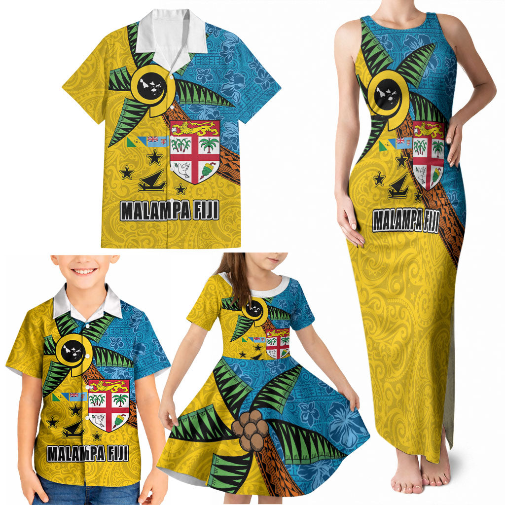 Malampa Fiji Day Family Matching Tank Maxi Dress and Hawaiian Shirt Tapa and Melanesian Patterns with Coat of Arms