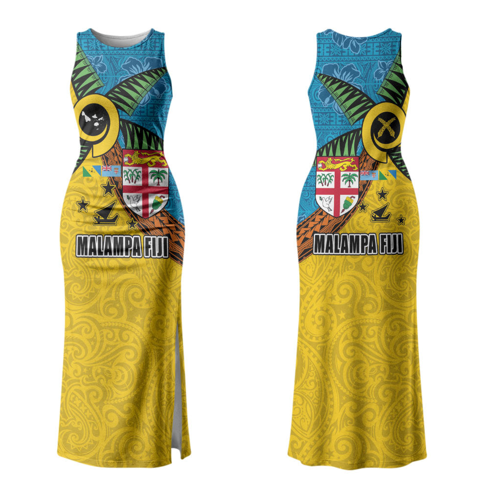 Malampa Fiji Day Family Matching Tank Maxi Dress and Hawaiian Shirt Tapa and Melanesian Patterns with Coat of Arms