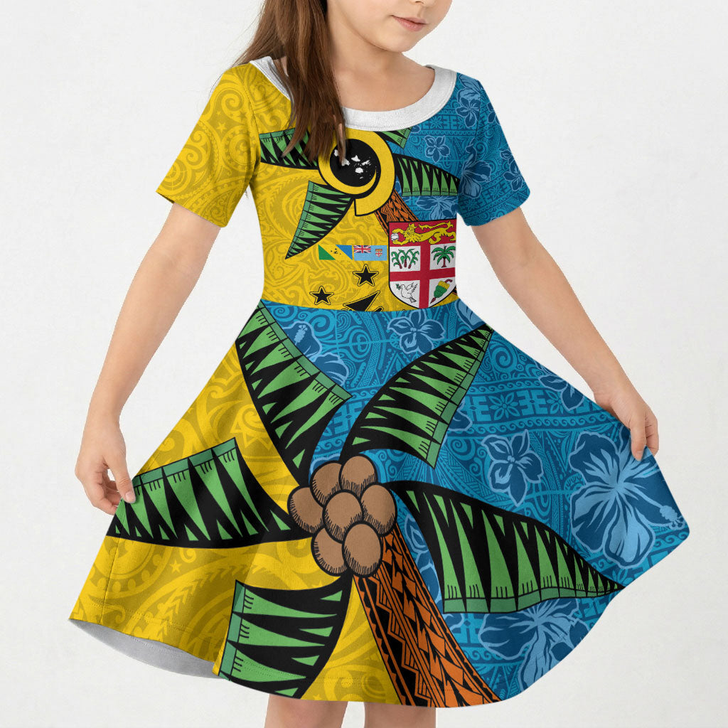 Malampa Fiji Day Kid Short Sleeve Dress Tapa and Melanesian Patterns with Coat of Arms
