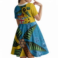 Malampa Fiji Day Kid Short Sleeve Dress Tapa and Melanesian Patterns with Coat of Arms