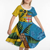 Malampa Fiji Day Kid Short Sleeve Dress Tapa and Melanesian Patterns with Coat of Arms