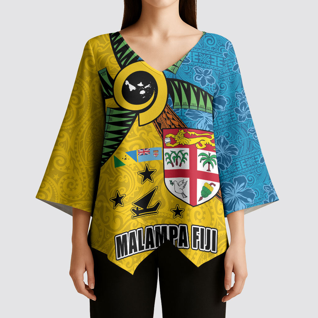 Malampa Fiji Day Kimono Sleeve Blouse Tapa and Melanesian Patterns with Coat of Arms