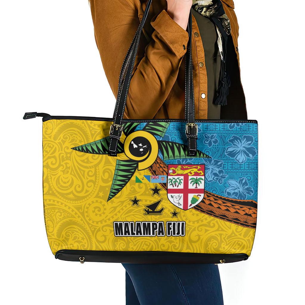Malampa Fiji Day Leather Tote Bag Tapa and Melanesian Patterns with Coat of Arms