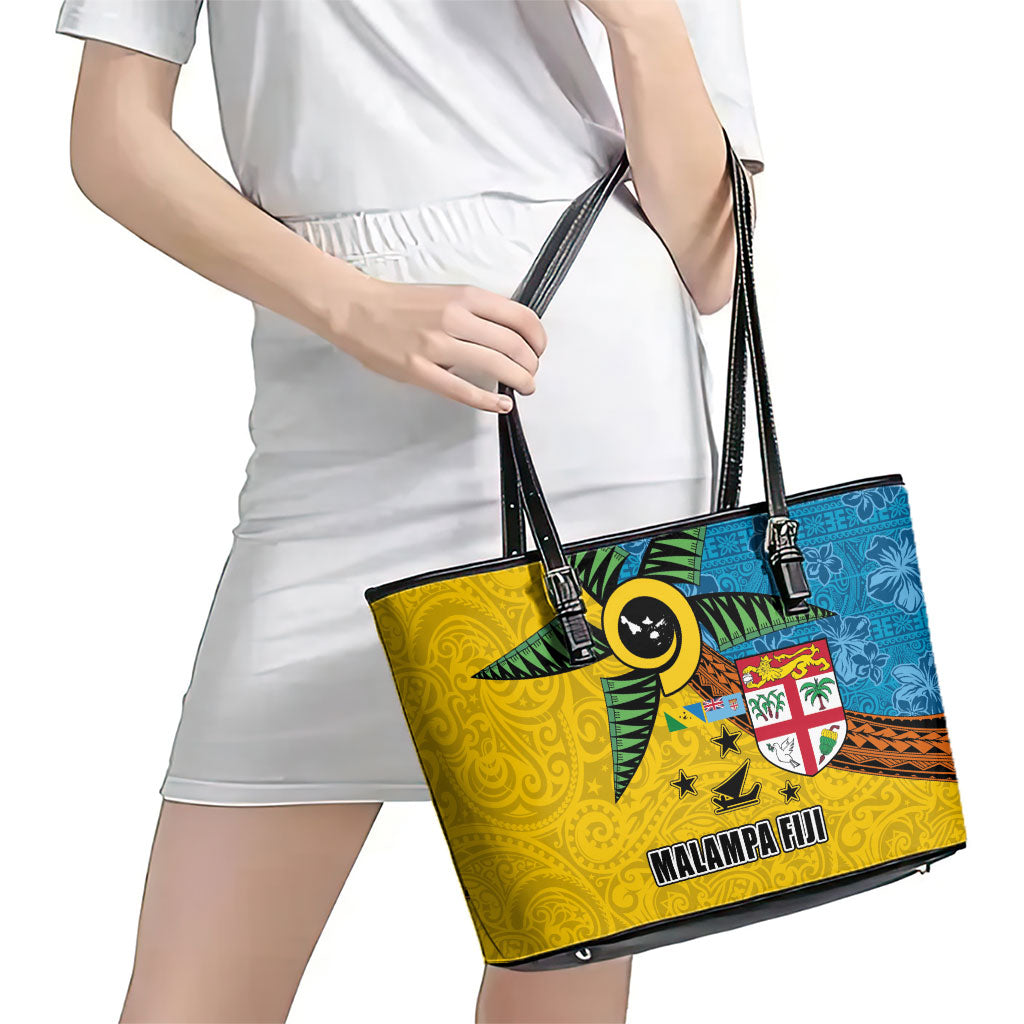 Malampa Fiji Day Leather Tote Bag Tapa and Melanesian Patterns with Coat of Arms