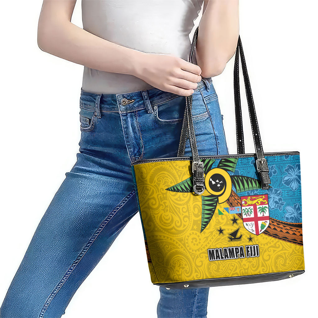 Malampa Fiji Day Leather Tote Bag Tapa and Melanesian Patterns with Coat of Arms