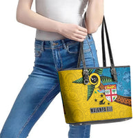 Malampa Fiji Day Leather Tote Bag Tapa and Melanesian Patterns with Coat of Arms