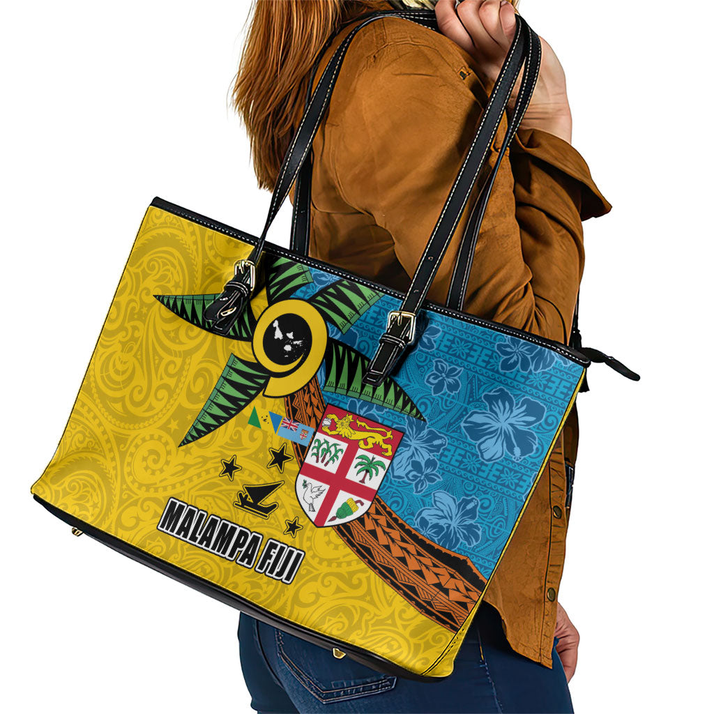 Malampa Fiji Day Leather Tote Bag Tapa and Melanesian Patterns with Coat of Arms