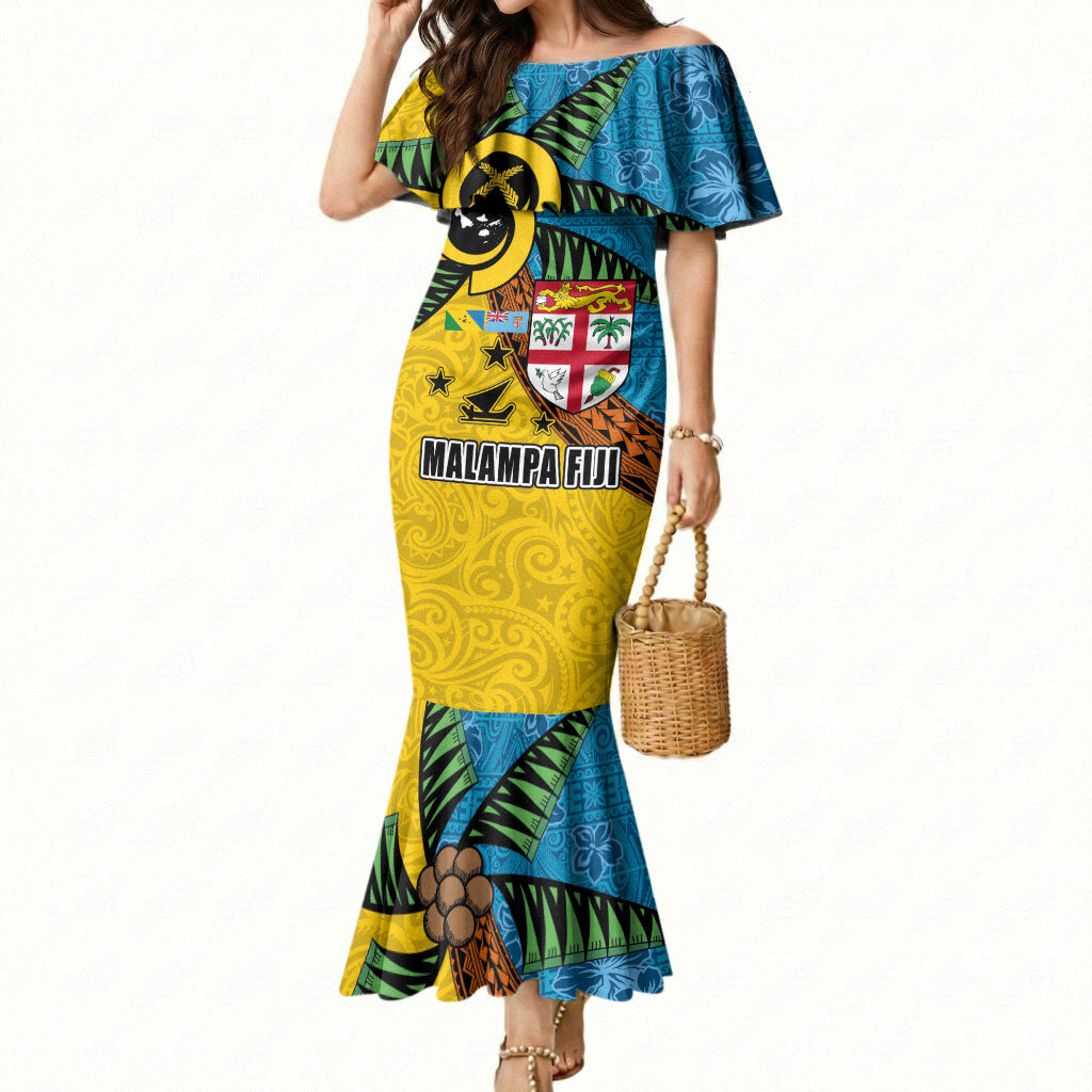 Malampa Fiji Day Mermaid Dress Tapa and Melanesian Patterns with Coat of Arms