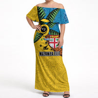 Malampa Fiji Day Off Shoulder Maxi Dress Tapa and Melanesian Patterns with Coat of Arms