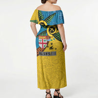 Malampa Fiji Day Off Shoulder Maxi Dress Tapa and Melanesian Patterns with Coat of Arms