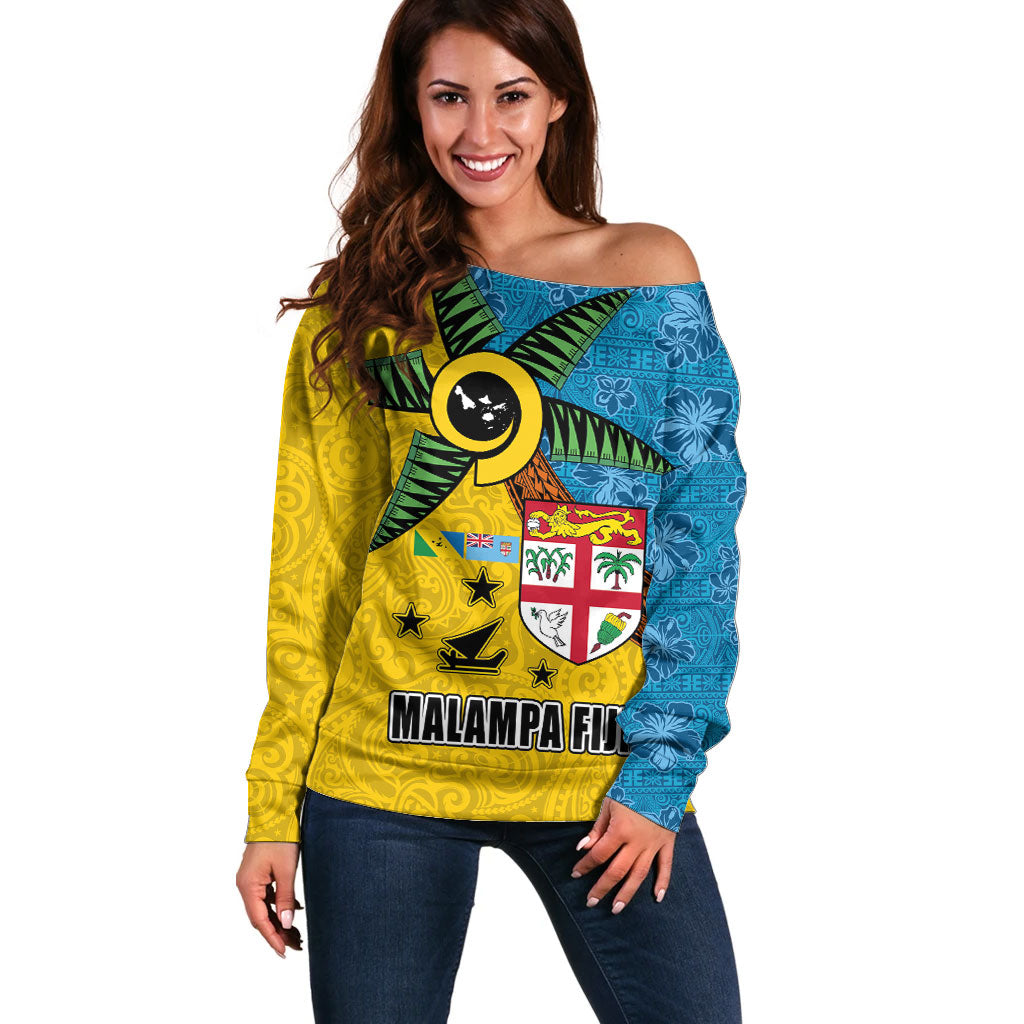 Malampa Fiji Day Off Shoulder Sweater Tapa and Melanesian Patterns with Coat of Arms