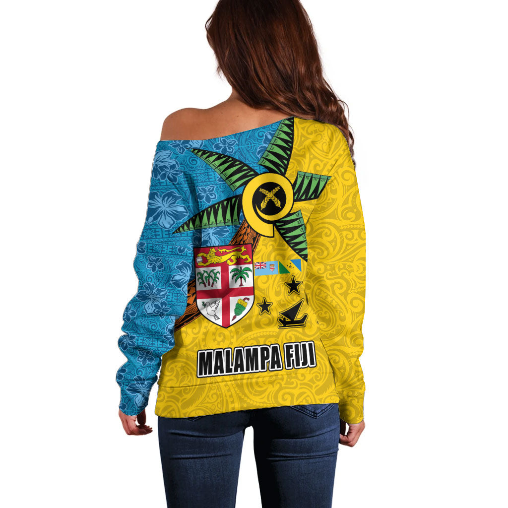 Malampa Fiji Day Off Shoulder Sweater Tapa and Melanesian Patterns with Coat of Arms