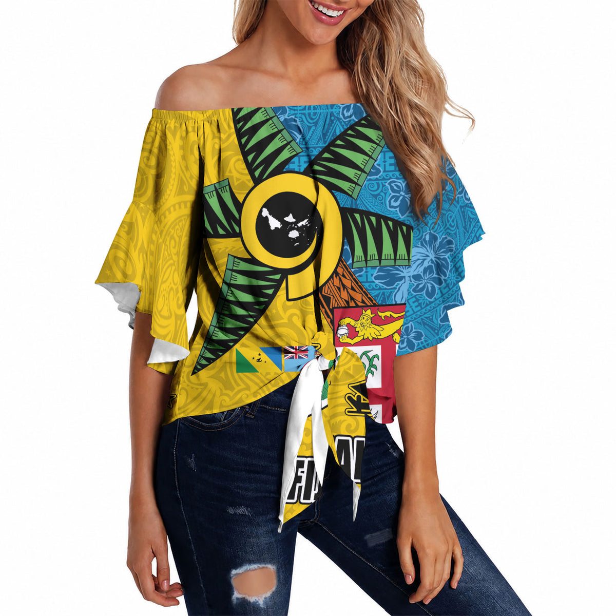 Malampa Fiji Day Off Shoulder Wrap Waist Top Tapa and Melanesian Patterns with Coat of Arms